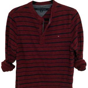 SALE XS Tommy Hilfiger Red Navy Striped Henley Sweater